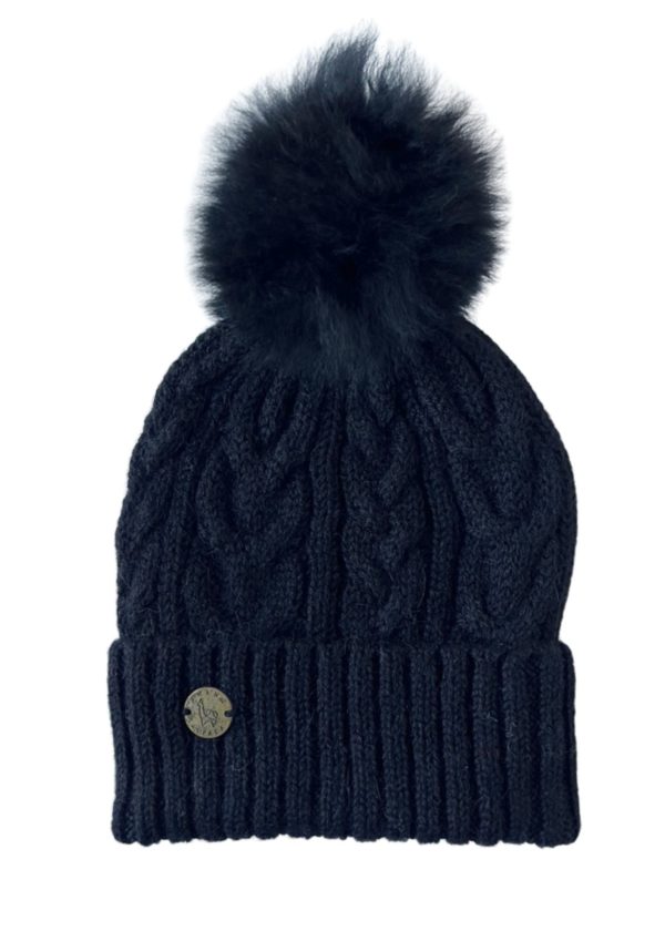 Beanie Black with cables & pompom