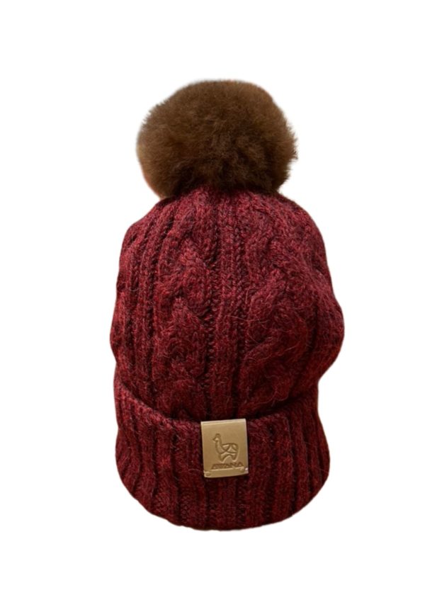 Beanie Burgundy with cables & camel pompom
